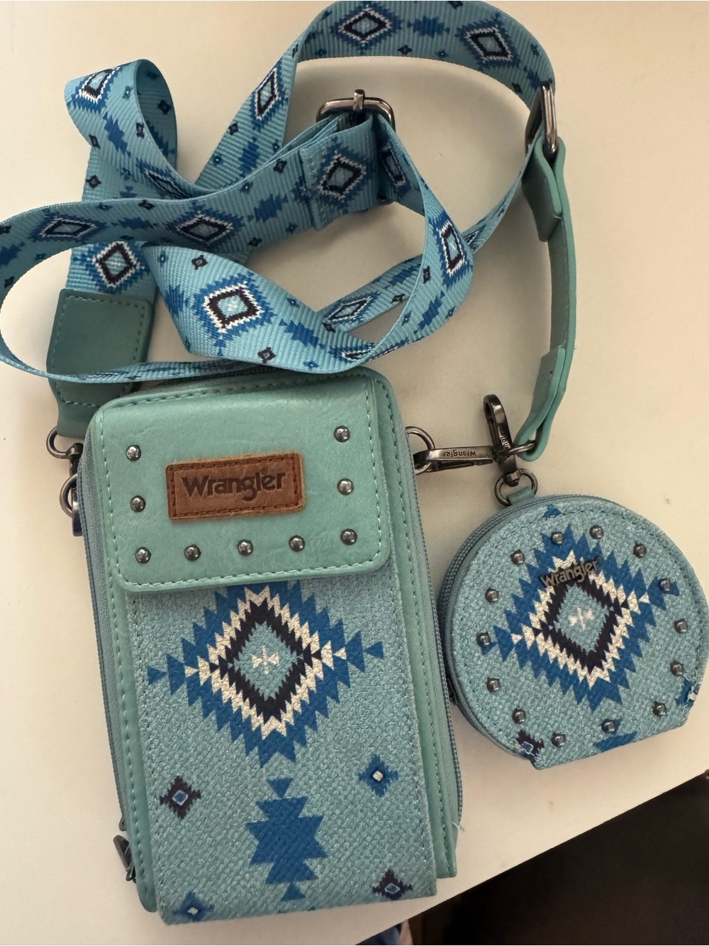 Wrangler Aqua Teal Aztec Crossbody Phone Bag with Coin Pouch